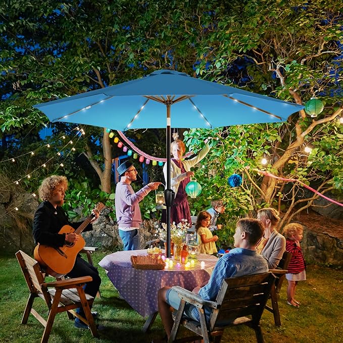 9' Round Patio Umbrella with 32 Solar Powered LED Lights, Push-Button Tilt and Hand Crank Lift, Solar Umbrella in Teal for Porch, Deck, and Patio by Sun-Ray