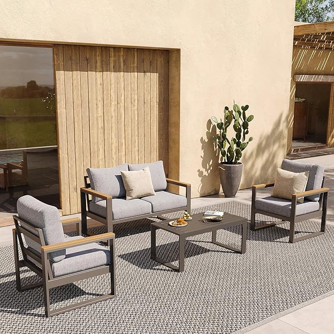 Sundale Outdoor Aluminum Patio Furniture Set, 4 Piece Outdoor Conversation Sets with Coffee Table and 6" Thick Cushions, All Weather Outdoor Sectional Set for Deck, Lawn, Yard (Grey)