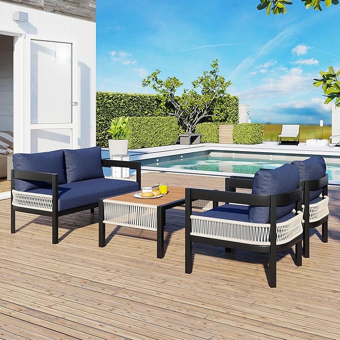 4 Piece Outdoor Iron Sofa Set with A Table, PE Rattan Patio Furniture Sets with Double and 2 Single Seats, Multi-Person Conversation Set for Garden, Lawn Use (Dark Blue/92)