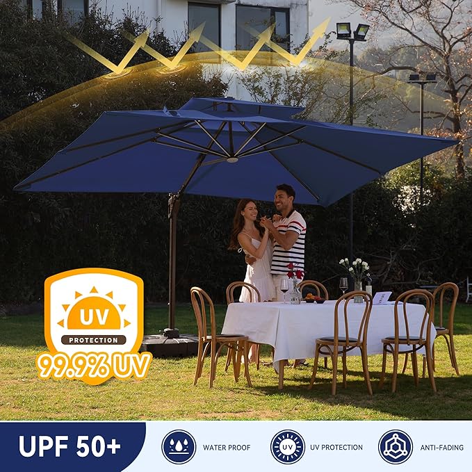 9 X 12 FT Cantilever Outdoor Patio Umbrella with Base Included Large Heavy Duty 360° Rotation Double Top Offset Rectangular Umbrellas with LED Lights for Backyard Outside Deck, Navy