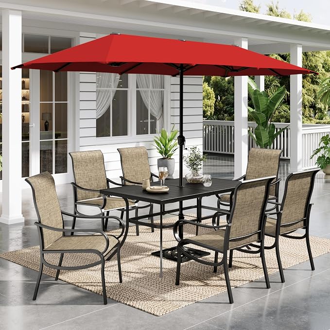 Sophia & William Patio Set with Umbrella, Outdoor Dining Set for 6 Persons, Outdoor Table with 13ft Orange Red Patio Umbrella & 6 x Fixed Chairs for Lawn Garden Backyard Pool (No Umbrella Base)