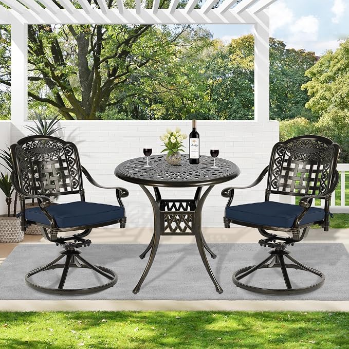 MEETWARM 3-Piece Outdoor Patio Dining Set, All-Weather Cast Aluminum Patio Conversation Set with 2 Cushions Swivel Rocker Chairs and 31" Round Table for Backyard Garden Deck, Umbrella Hole, Navy Blue