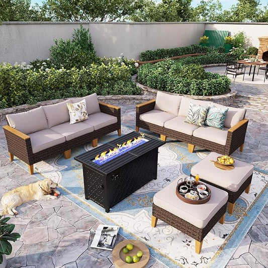 Sophia & William Outdoor Patio Furniture Set with Fire Pit Table Large & High Back 9PCS Wicker Patio Sectional Sofa Conversation Set with 45" Fire Table, Ottoman & 4" Thick Cushions,Beige
