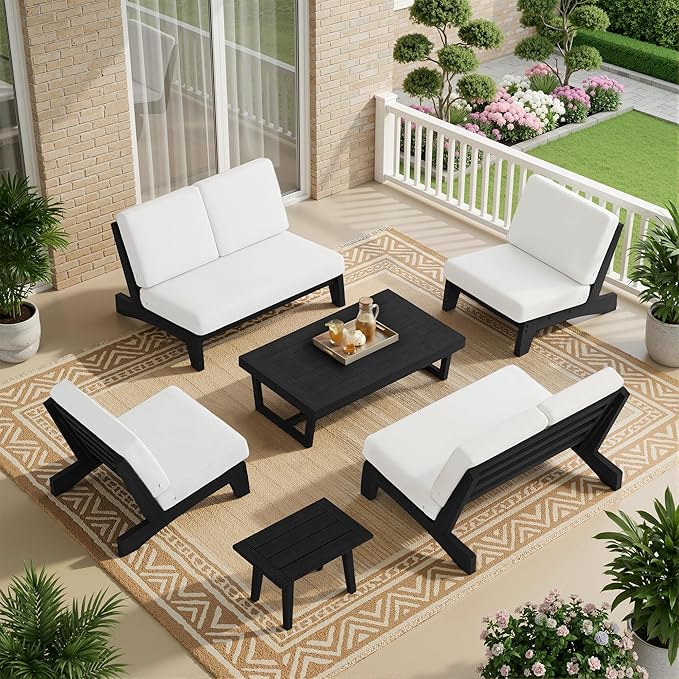 UIXE 6 Pieces All Weather Black Wood Patio Furniture Sets, 2 Patio Loveseat, 2 Patio Bistro Chair, Outdoor Sectional Sofa Furniture Backyard Conversation Set with Coffee Table - Beige