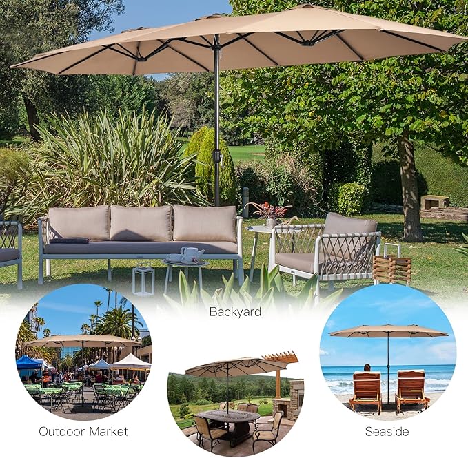 Tangkula 15FT Double-Sided Patio Umbrella with Base, Extra-Large Market Umbrella W/Crank System, Outdoor Twin Umbrella W/ 12-Rib Metal Structure & Air Vents for Garden, Backyard, Poolside (Tan)
