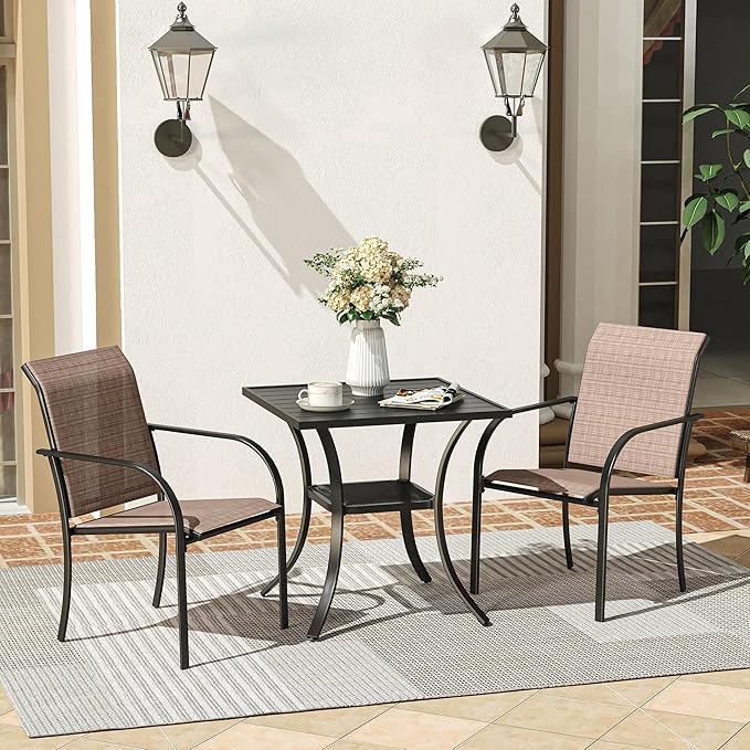 VICLLAX 3 Pieces Patio Outdoor Dining Set, 28" Square Metal Table and 2 Stackable Textilene Chairs for Patio, Lawn, Garden, Porch, Black/Brown