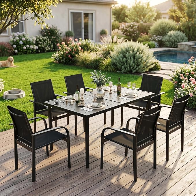Garvee 7 Piece Patio Dining Set, Outdoor Furniture with 55" Rectangular Iron Table & 6 Textilene Chairs, All Weather Wood-Grain Finish, Suitable for Backyard, Garden, Poolside
