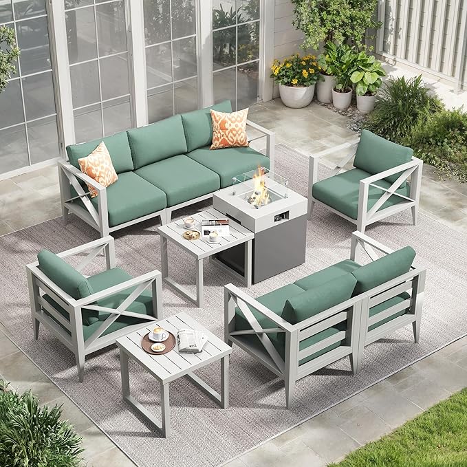 Aluminum Patio Furniture Set with Fire Pit Table,7-Seats Patio Sectional Conversation Sofa with 5.2" All-Weather Cushions and Coffee Table,Furniture Set for Deck, Porch, Garden,White