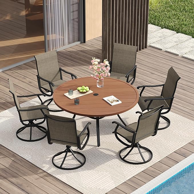 VICLLAX Patio Dining Set for 6, 7 Pieces Outdoor Furniture Includes 53" Round Patio Table with Umbrella Hole and 6 Outdoor Swivel Chairs for Lawn Garden, Walnut Tabletop and Mixed Brown Fabric