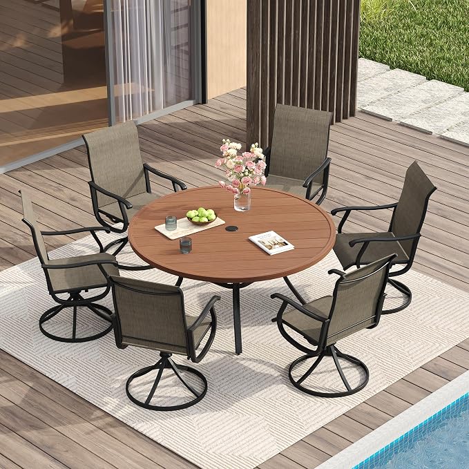 VICLLAX Patio Dining Set for 6, 7 Pieces Outdoor Furniture Includes 47.2" Round Patio Table with Umbrella Hole and 6 Outdoor Swivel Chairs for Lawn Garden, Walnut Tabletop and Mixed Brown Fabric