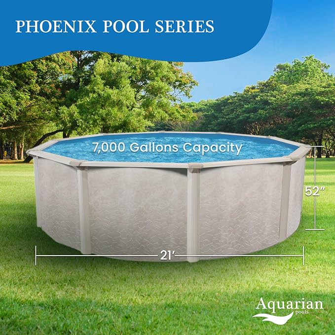 Aquarian Above Ground Swimming Pool, Phoenix Steel-Frame, Round, 21' x 52", Tan - Large Heavy-Duty Outdoor Family Pool for Backyard, Patio, and Yard
