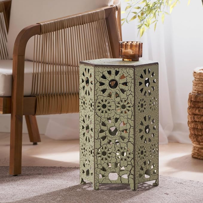 12" Outdoor Side Table, Metal Side Table, Multi Functional Decorative Cutout, Coffee Table, Night Stand, Plant Stand for Patio, Garden, Backyard, Gazebo Indoor (Green)