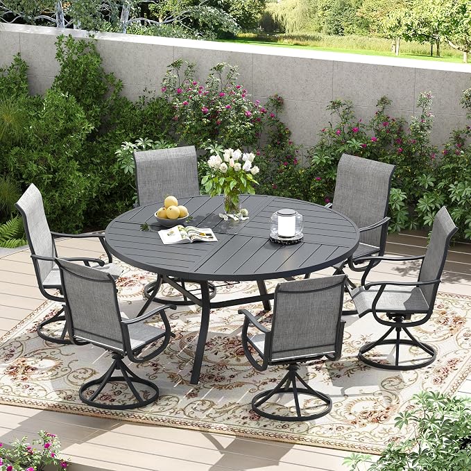 7 Pieces Patio Furniture Dining Set, 6 Textilene Swivel Dining Chairs, 53" Outdoor Round Metal Table with 1.57" Umbrella Hole, Outdoor Dining Set for Porch, Lawn, Garden, Grey/Grey