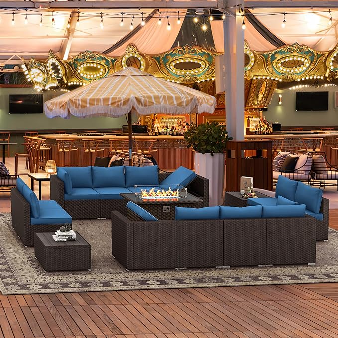 HOMREST 15 Pieces Outdoor Patio Furniture Set with 44" Propane Fire Pit Table, PE Rattan Sectional Sofa Conversation Set w/Adjustable Bracket, Wood Coffee Table for Backyard (Blue)