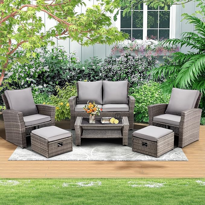 GYUTEI 6 Pieces Patio Furniture Set, Outdoor Sectional Conversation Rattan Sofa Set with Ottoman and Outdoor Storage Table for Garden, Porch, Backyard (Dark Gray)