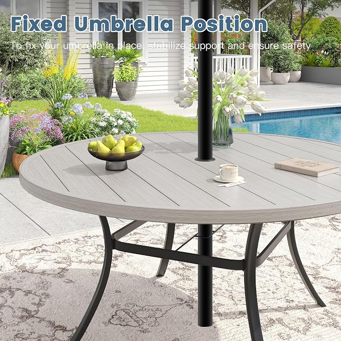 DIFY 11 Pieces Outdoor Patio Dining Set for 10, 60" Grey Wood-Like Round Metal Dining Table and 10 Sandshell Stackable Textilene Patio Chairs, Outdoor Table and Chairs for Backyard Garden Poolside