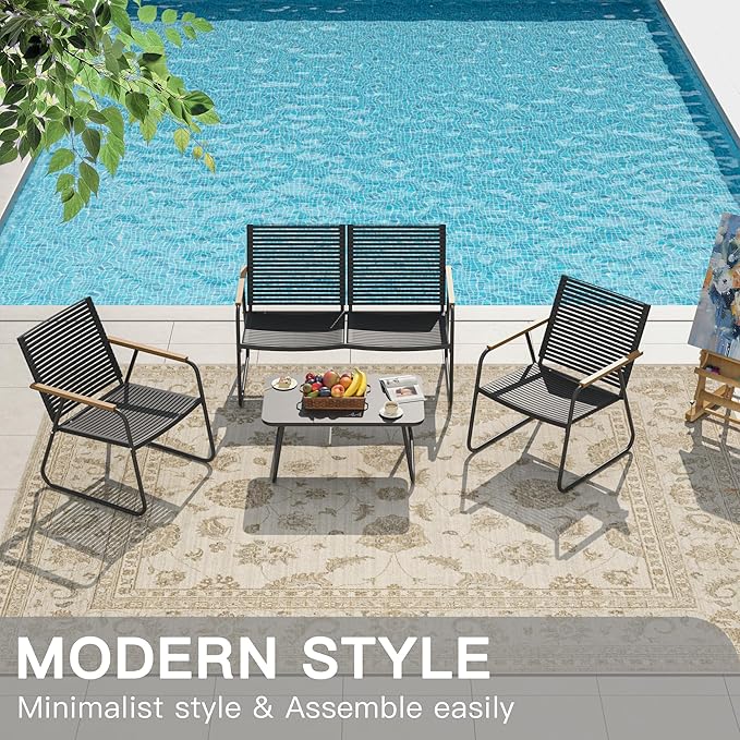 4-Piece Patio Furniture Set, Compact Outdoor Conversation Set with Loveseat, 2 Chairs and Glass Table, Weather-Resistant for Apartment Patio, Small Spaces, Balcony, Backyard – Black
