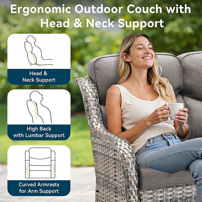 Luxury Outdoor Patio Furniture Set-Wicker High Backrest 3-Seat Patio Sofa with Comfy 6" Cushion, Rattan Couch with Deep Seat All-Weather Patio Conversation Set for Deck Backyard Garden(Grey/Grey)