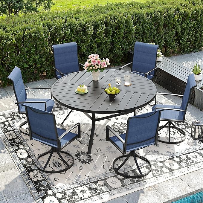 DIFY 7 Piece Outdoor Dining Set, Metal Patio Table and Chairs Set, 50" Black Round Dining Table & 6 Blue Padded Textilene Swivel Patio Chairs, Outdoor Furniture Set for Garden Backyard Porch