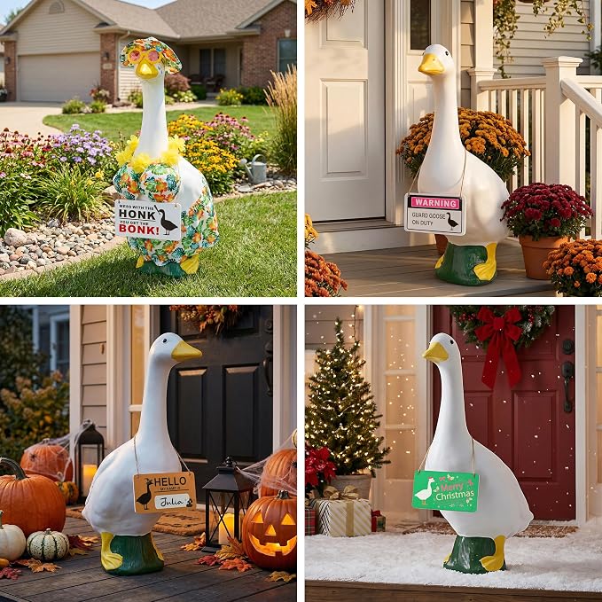 4PCS Writable Sign Board Set for 23 Inch Porch Goose Statue, Double-Sided Hanging Neck Signs with Rope, Goose Accessories for Daily Halloween Christmas Yard Decor (Sign Board Set)