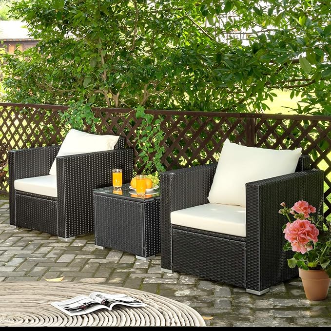 3 Pieces Patio Conversation Set Outdoor Rattan Wicker Furniture Set with Water-Resistant Cushion & Tempered Glass Tabletop, Wicker Chair for Porch, Balcony, Backyard(Beige)
