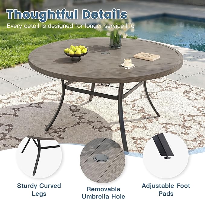 DIFY Outdoor Dining Set for 8, Patio Dining Furniture Set Includes 53" Grey Wood-Like Round Table with Adjustable Umbrella Hole and 8 Grey Stackable Metal Chairs for Poolside, Garden, Backyard