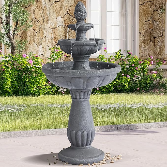 40.6" High Large Italian Outdoor Water Fountain, 3-Tier Standing Bubbler Waterfalls Fountain with Pineapple Top and Roman Pillar, Resin Garden Water Fountains for Bird Bath Patio Yard Deck