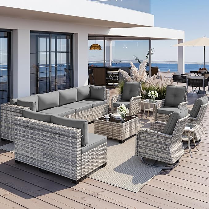13-Piece Outdoor Patio Furniture Set with Rocking Swivel Chair, Wicker Rattan Sectional Sofa Conversation Set with Tempered Glass Table, Backyard Furniture, Grey