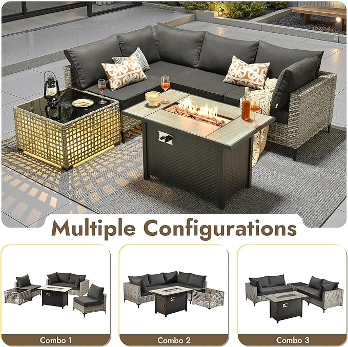 6 Pieces Patio Furniture Set with 42" Fire Pit, All-Weather Rattan Outdoor Sectional Conversation Sets L Shaped Sofas with Solar Light Coffee Table for Porch Balcony Backyard Black