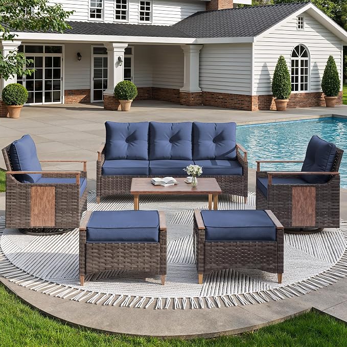 NestNook 6 Pieces Patio Furniture Set, Outdoor All-Weather Handwoven PE Wicker Swivel Chairs, Conversation Set with Coffee Table, Sofa with Thick Cushion & Ottoman for Backyard, Deck & Poolside, Blue