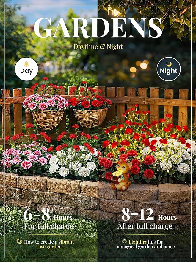 GIGALUMI Solar Lights Outdoor for Garden Decor, 2 Pack Solar Flower Lights Waterproof, 2 Lighting Modes 14 Carnations for Pathway,Yard, Patio Decoration, Gardening Gifts for Women (Red)