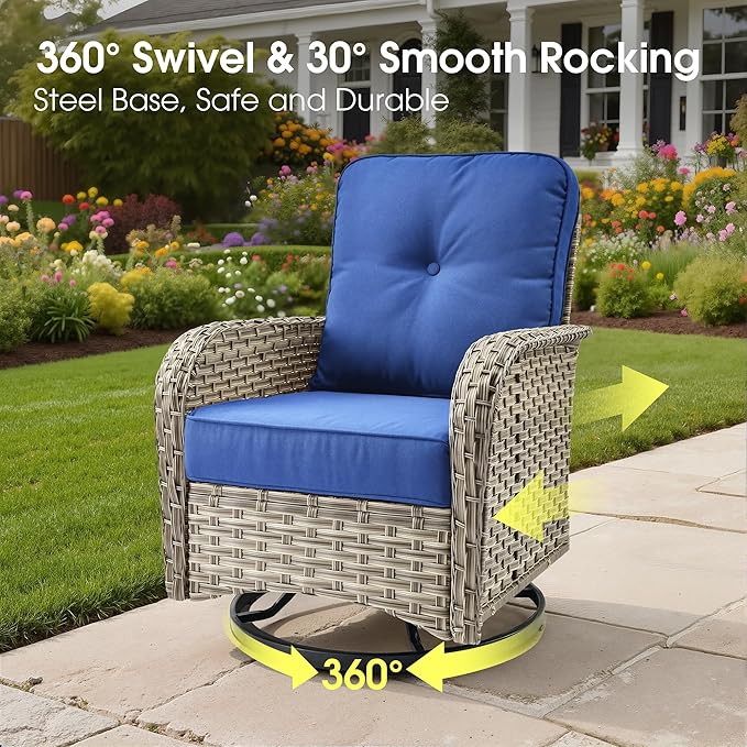 Rattan Patio Furniture Set with Swivel Chairs,6 Pieces Outdoor Sectional with Glowing Coffee Table,Out Door Furniture Conversation Set,Navy Blue