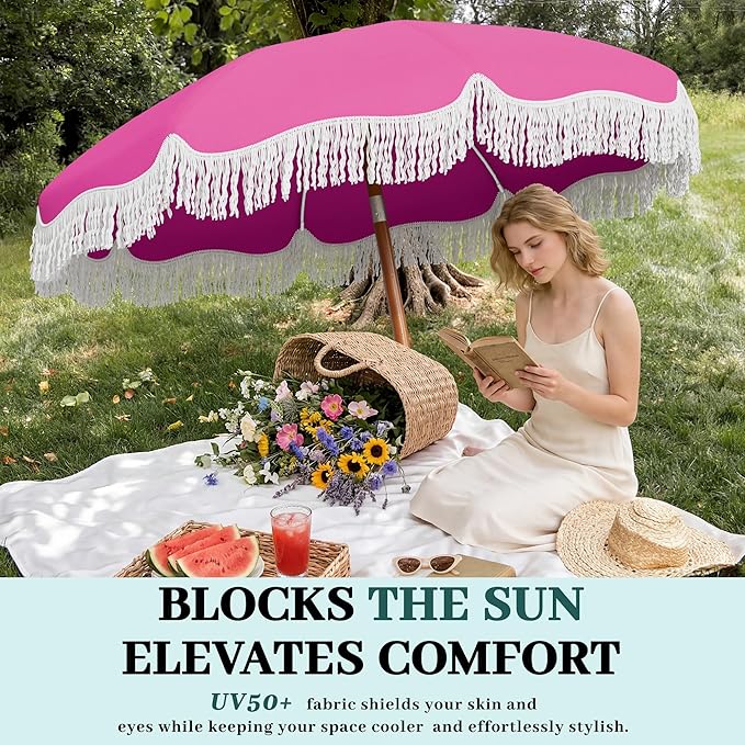 AreShark 7ft Patio Umbrella with Fringe, UPF50+ Beach Umbrella for Table, Pool & Garden, Portable Outdoor Tassels Umbrella w/Fiberglass Ribs&Push Bottom Tilt(Light Pink)