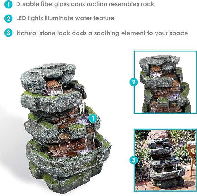 Sunnydaze 23-Inch Stone Waterfall Polyresin and Fiberglass Outdoor Tiered Fountain with LED Lights
