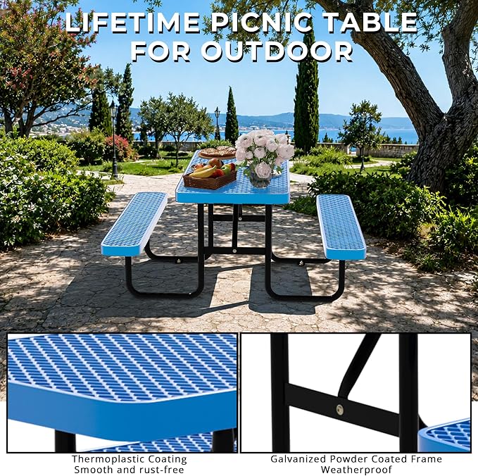 4FT Rectangular Steel Outdoor Picnic Table, Commercial Picnic Table Bench Set with Umbrella Hole, Weather-Resistant Heavy Duty School Dining Table for Stores, Park, Patio, Garden, Backyard, Blue