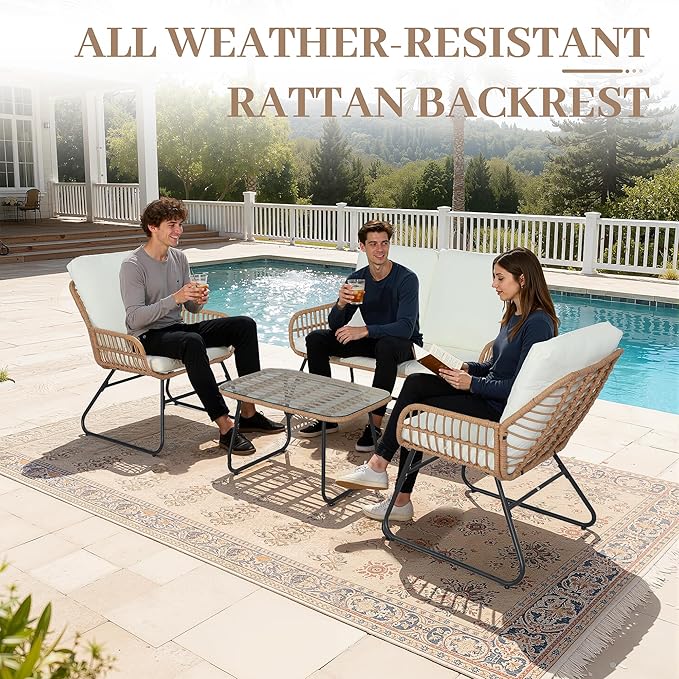 EortheX 4 Pieces Outdoor Patio Furniture Set,Patio Conversation Set,Rattan Wicker Bistro Sets with Loveseat Chairs and Modern Coffee Table for Backyard Deck Balcony and Garden Lounge Spaces - Beige