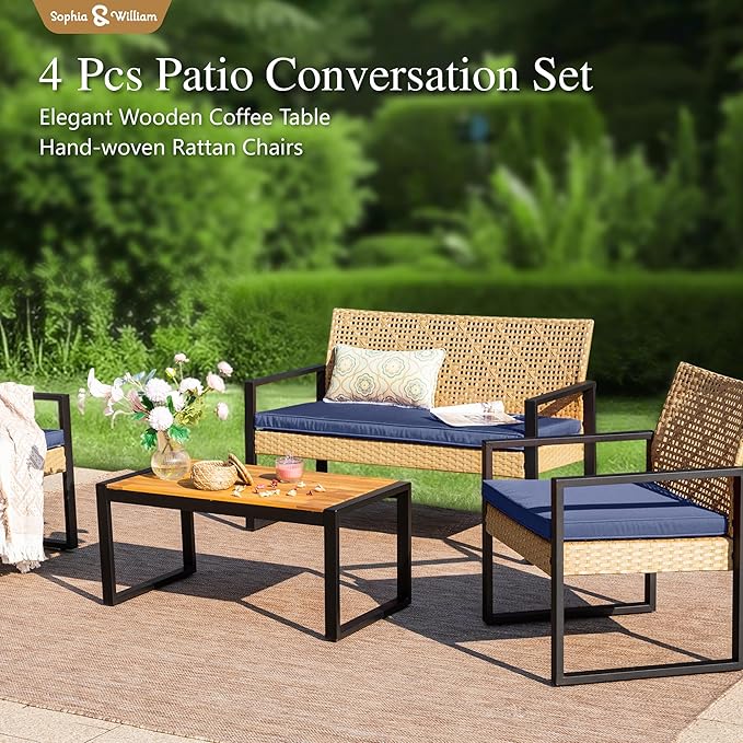Sophia & William 4 Pieces Patio Conversation Set, Wicker Outdoor Furniture Set for 4, All Weather Outdoor Seating Set, Rattan Loveseat & Chairs with Cushions & Coffee Table, Yellow and Navy Blue
