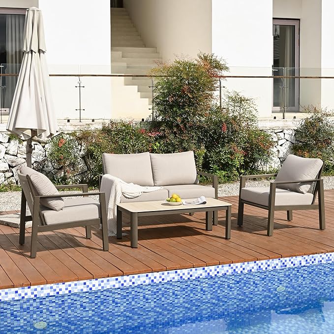 HAPPATIO Patio Conversation Set, 4-Piece Aluminum Oversized Patio Furniture Set with Rope Woven Backrest, 2 Chairs and Loveseat with Thick Cushion, Hand-Brushed Frame for Yard, Porch, Balcony