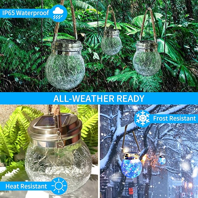 Hang Outdoor Solar Lights Waterproof, 30LED Cracked Glass Ball Decorative Lanterns, Solar Powered Landscape with Handle for Tree Yard Patio Fence House Holiday Decor, Birthday Gift for Women