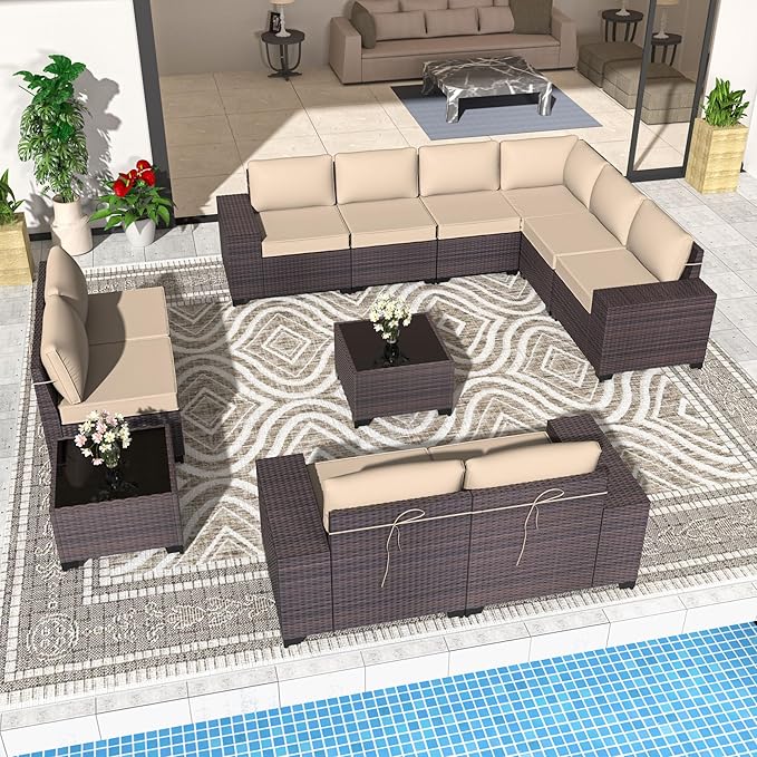 Patio Furniture Set 12 Pieces Outdoor Sectional Sofa Set,PE Rattan Wicker Patio Conversation Set with Thickened Cushions and Glass Coffee Table,Sand