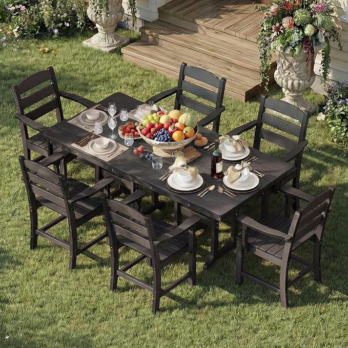 HOPUBUY 7 Pieces Patio Dining Set for 6, 71" HDPE All-Weather Patio Table and Chairs Set with Umbrella Hole, Durable Outdoor Furniture Set for Garden, Backyard, Lawn & Poolside (Black)