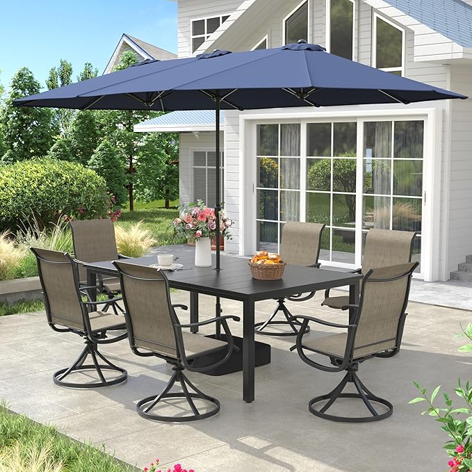 VICLLAX Patio Table and Chairs with Patio Umbrella, 6 Patio Swivel Chairs and Metal Patio Table with 15ft Blue Outdoor Umbrella for Backyard, Mixed Brown Chairs & Black Tabletop