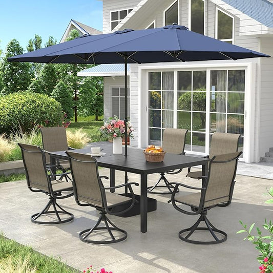VICLLAX Patio Table and Chairs with Patio Umbrella, 6 Patio Swivel Chairs and Metal Patio Table with 15ft Blue Outdoor Umbrella for Backyard, Mixed Brown Chairs & Black Tabletop