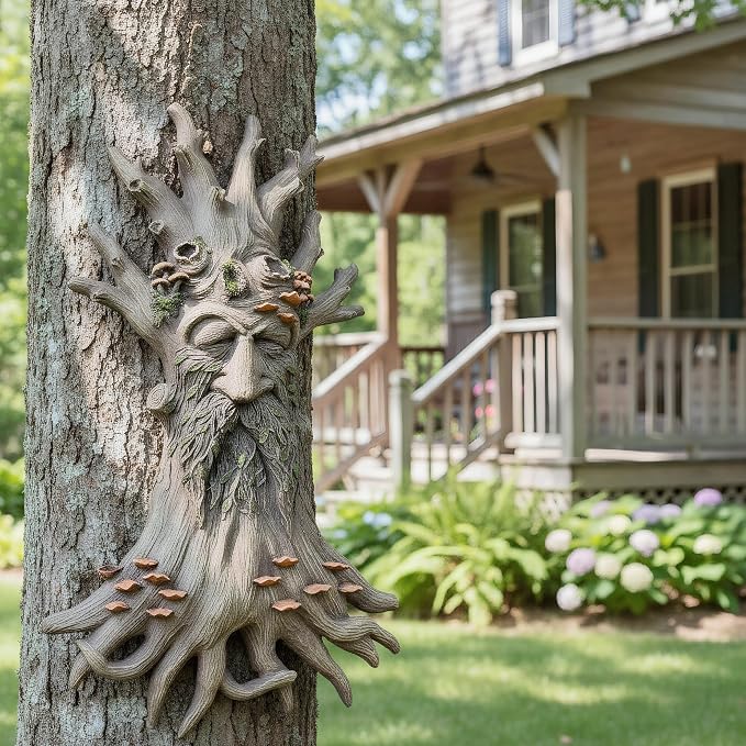 12" Real Tree Face Hugger Statue, Garden Trees Tree Huggers Decor with Mushroom Foliage Features, Outdoor Fairy Elve Accent Yard Art, Halloween Trees Decorations Outdoor Wall Mounted Statue