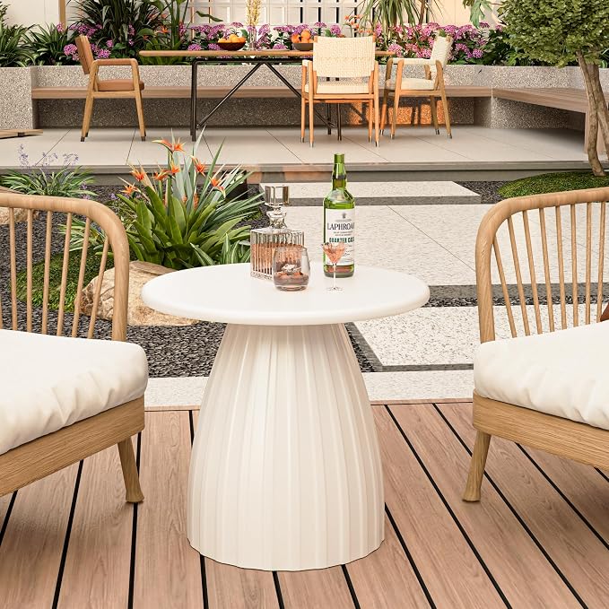 Round Small Patio Side Table, Metal Steel Outdoor Side Table, Patio Accent End Table for Garden, Pool, Deck, Balcony, Yard, Living Room, White, Weather Resistant, No Assembly