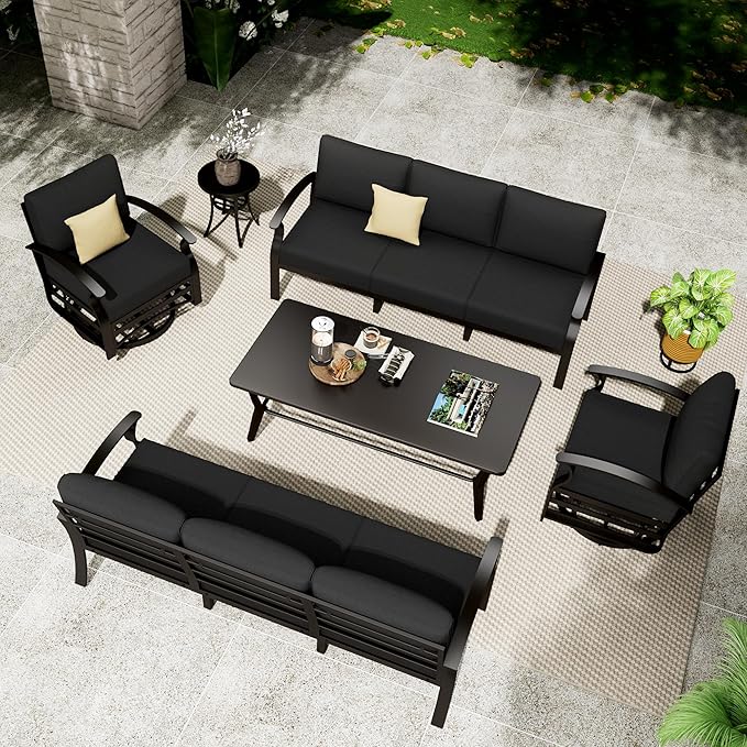 Aluminum Patio Furniture Set with Coffee Table,8 Seats Metal Modern Outdoor Furniture w/5.1" Thick Cushions,Patio Sectional w/Swivel Chairs for Patio,Backyard,Black