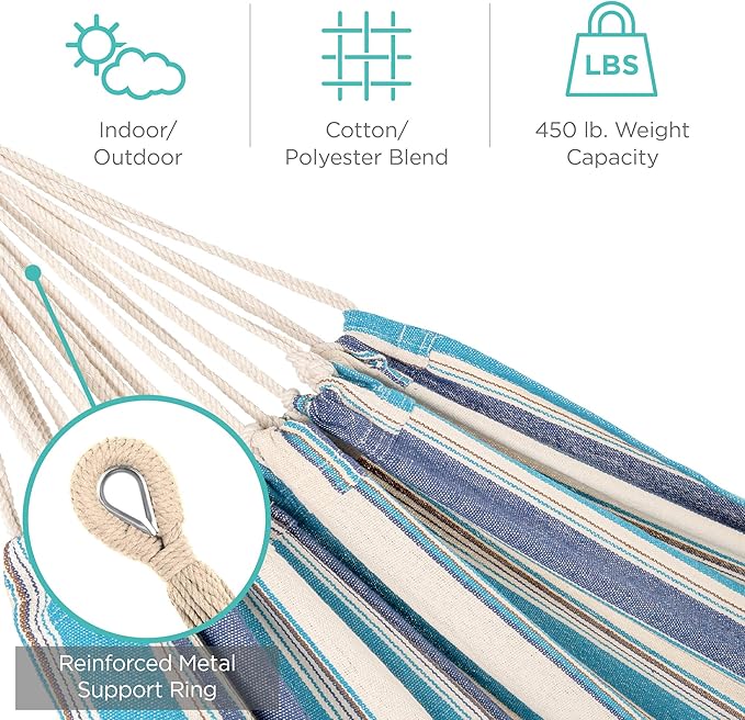 Best Choice Products Double Hammock with Steel Stand, Indoor Outdoor Brazilian-Style Cotton Bed w/Carrying Bag, 2-Person Capacity - Ocean