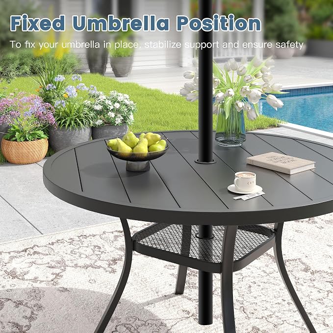 DIFY Outdoor Dining Set for 6, Patio Dining Furniture Set Includes 47.2" Black Round Table with Adjustable Umbrella Hole and 6 Grey Stackable Metal Chairs for Poolside, Garden, Backyard