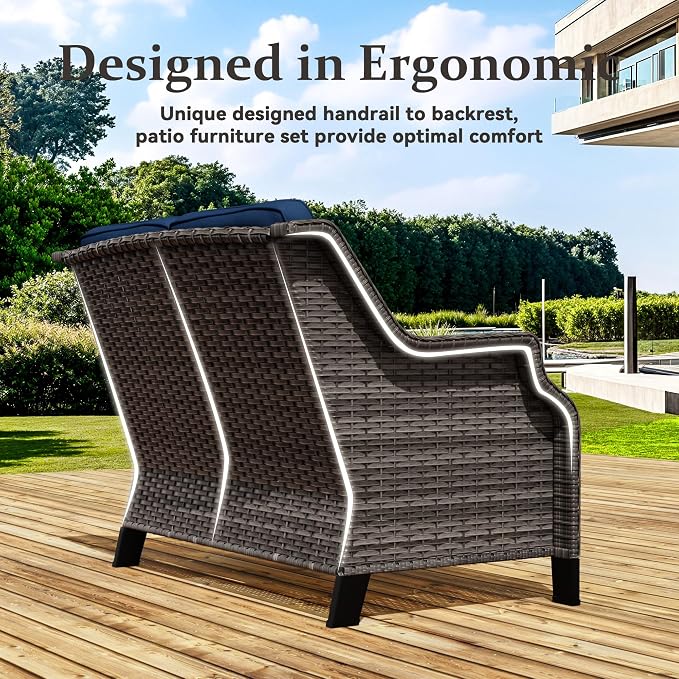 5 Pieces Patio Furniture Set, Outdoor Furniture Set with 2 Patio Chairs, 2 PE Rattan Ottoman, 1 Patio Wicker Loveseat with Thick Cushions, Ideal for Backyard, Garden, Poolside, Blue