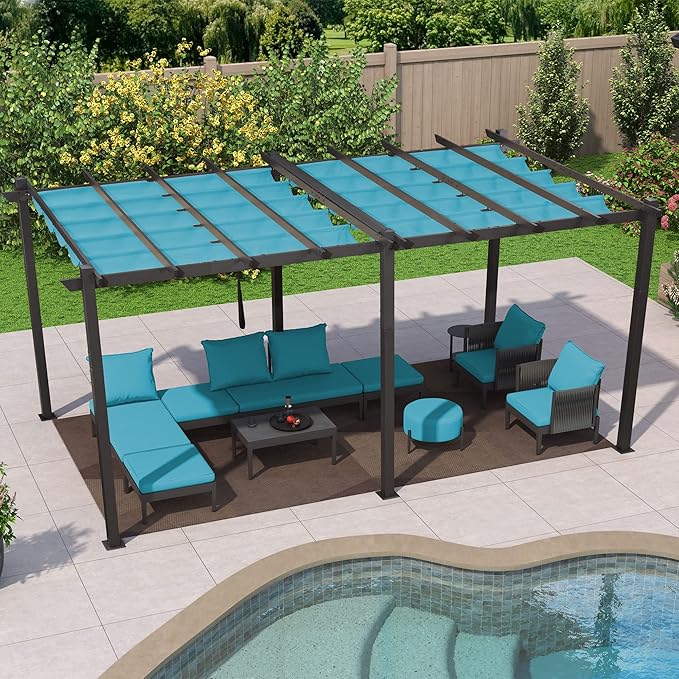 PURPLE LEAF 12' X 18' Outdoor Pergola with Retractable Canopy Aluminum Shelter for Porch Garden Sun Shade Pavilion Grape Trellis Grill Gazebo Modern Backyard Deck Metal Patio Pergola Turquoise Blue